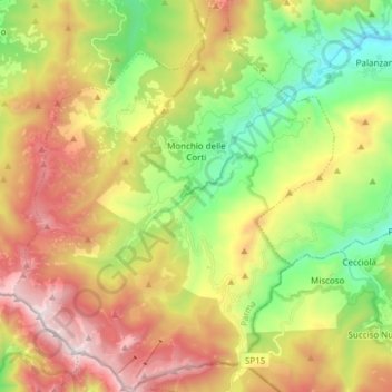 Mapa topográfico Monchio delle Corti, altitud, relieve