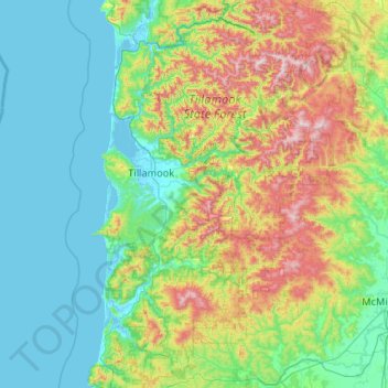Mapa topográfico Tillamook County, altitud, relieve