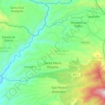 Mapa topográfico Santa María Ostuma, altitud, relieve
