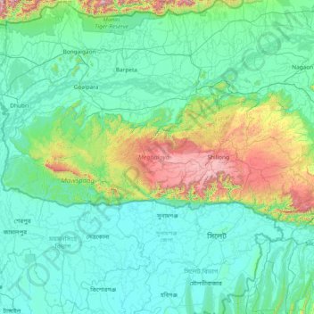 Mapa topográfico Meghalaya, altitud, relieve