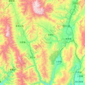 Mapa topográfico 剑川县, altitud, relieve