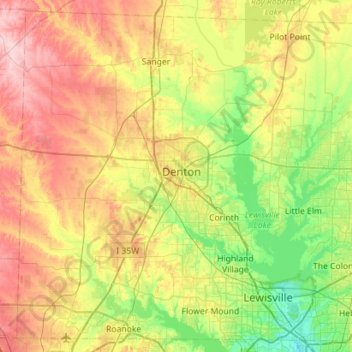 Mapa topográfico Denton County, altitud, relieve