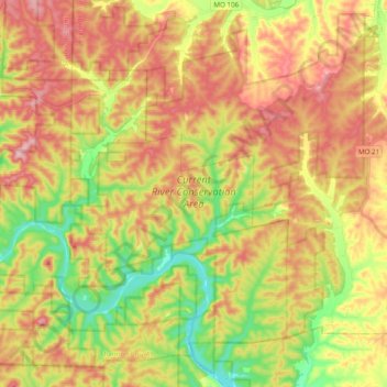 Mapa topográfico Current River Conservation Area, altitud, relieve
