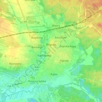 Mapa topográfico Biłgoraj, altitud, relieve