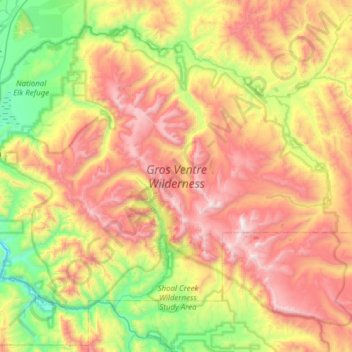 Mapa topográfico Gros Ventre Wilderness Area, altitud, relieve