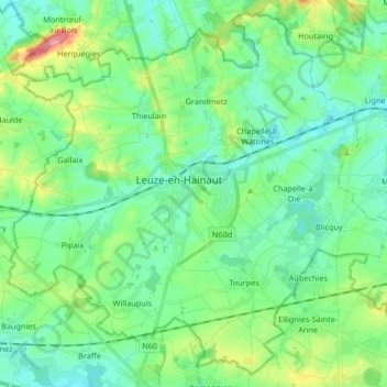 Mapa topográfico Leuze-en-Hainaut, altitud, relieve