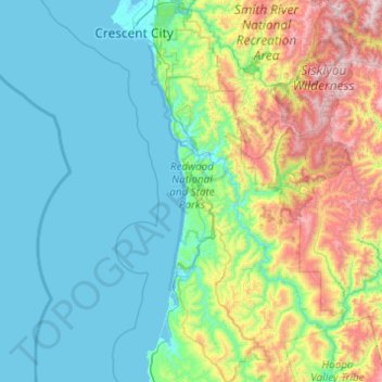 Mapa topográfico Redwood National Park, altitud, relieve