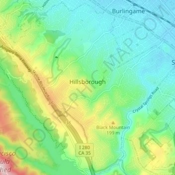 Mapa topográfico Hillsborough, altitud, relieve