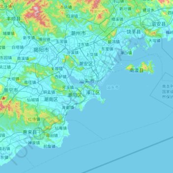 Mapa topográfico 汕头市, altitud, relieve