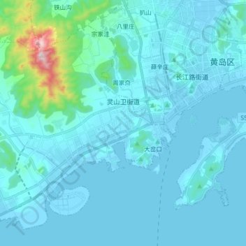 Mapa topográfico 灵山卫街道, altitud, relieve