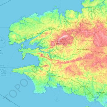 Mapa topográfico Finistère, altitud, relieve