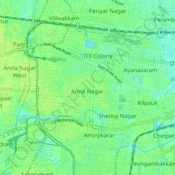 Mapa topográfico Zone 8 Anna Nagar, altitud, relieve