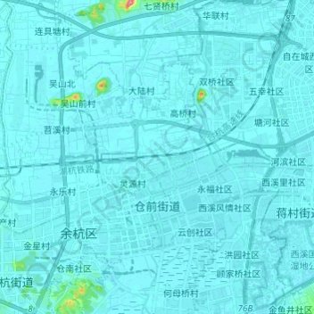 Mapa topográfico 仓前街道, altitud, relieve