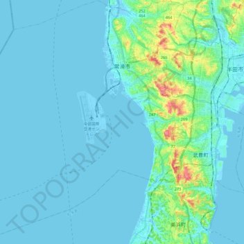 Mapa topográfico Tokoname, altitud, relieve