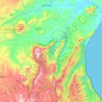 Mapa topográfico Cedrino, altitud, relieve
