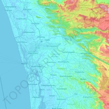 Mapa topográfico Ernakulam district, altitud, relieve