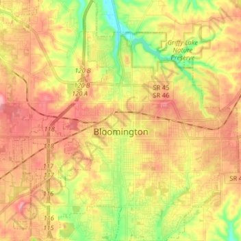 Mapa topográfico Bloomington, altitud, relieve