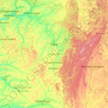 Mapa topográfico Башкортостан, altitud, relieve