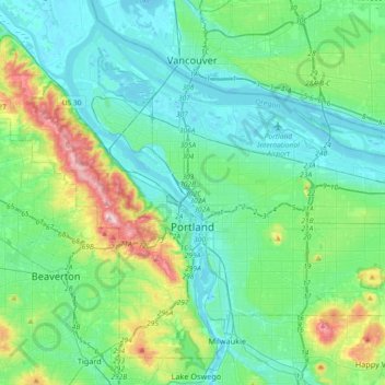 Mapa topográfico Portland, altitud, relieve