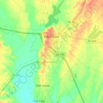 Mapa topográfico Kaufman, altitud, relieve