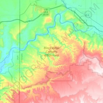 Mapa topográfico Black Ridge Canyons Wilderness Area, altitud, relieve