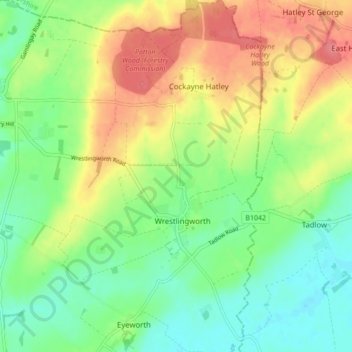 Mapa topográfico Wrestlingworth and Cockayne Hatley, altitud, relieve