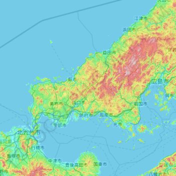 Mapa topográfico Prefectura de Yamaguchi, altitud, relieve