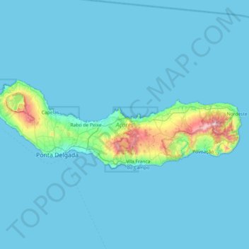 Mapa topográfico São Miguel Island, altitud, relieve