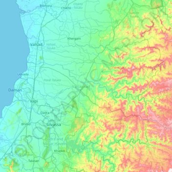 Mapa topográfico Valsad, altitud, relieve
