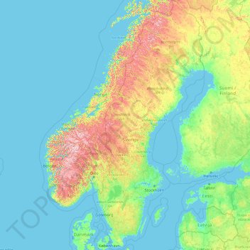 Mapa topográfico Sweden, altitud, relieve