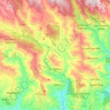 Mapa topográfico Gimigliano, altitud, relieve