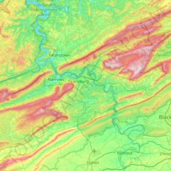 Mapa topográfico Giles County, altitud, relieve
