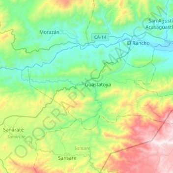 Mapa topográfico Guastatoya, altitud, relieve