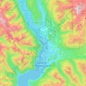 Mapa topográfico Squamish, altitud, relieve