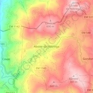 Mapa topográfico Aboim da Nóbrega, altitud, relieve