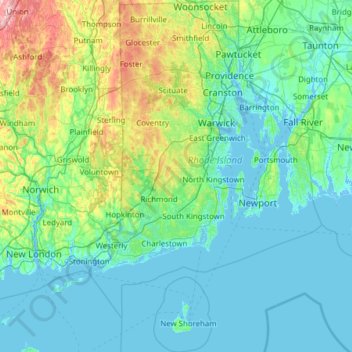 Mapa topográfico Rhode Island, altitud, relieve
