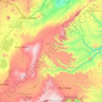 Mapa topográfico Arsi, altitud, relieve