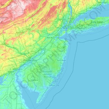Mapa topográfico New Jersey, altitud, relieve