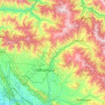 Mapa topográfico Udhampur, altitud, relieve