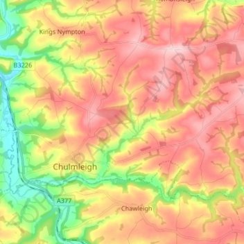 Mapa topográfico Chulmleigh, altitud, relieve