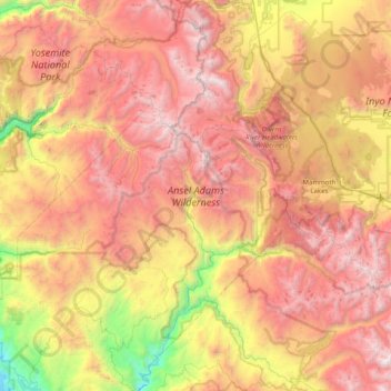 Mapa topográfico Ansel Adams Wilderness, altitud, relieve