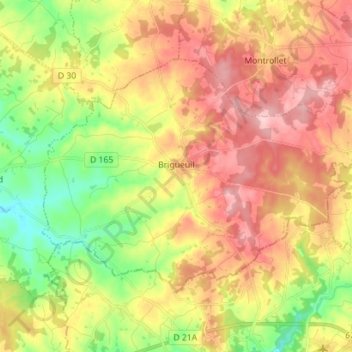 Mapa topográfico Brigueuil, altitud, relieve
