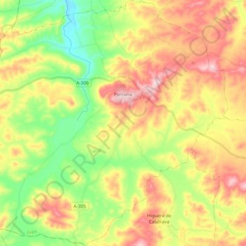 Mapa topográfico Porcuna, altitud, relieve