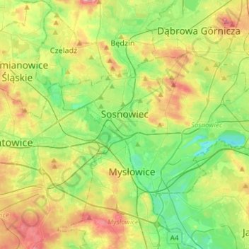 Mapa topográfico Sosnowiec, altitud, relieve