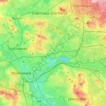 Mapa topográfico Sosnowiec, altitud, relieve