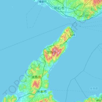 Mapa topográfico Awaji, altitud, relieve
