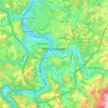 Mapa topográfico Morgantown, altitud, relieve