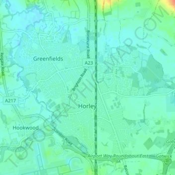 Mapa topográfico Horley, altitud, relieve