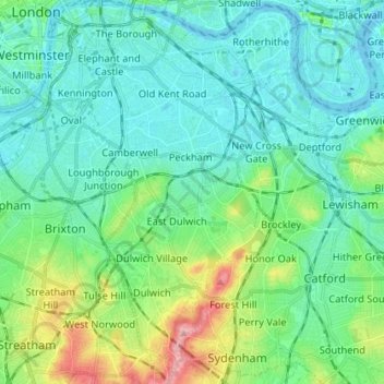 Mapa topográfico London Borough of Southwark, altitud, relieve