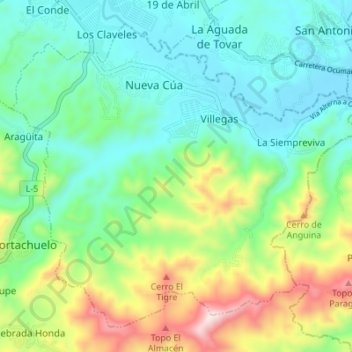 Mapa topográfico Parroquia Nueva Cúa, altitud, relieve